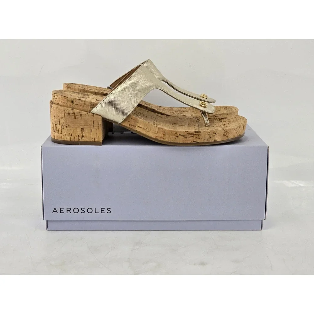 Aerosoles Clio Sandals Womens Size 10M Gold T-Strap Cork Wedge - New